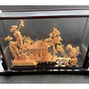 Vintage Chinese Cork Hand Carved Diorama Glass And Black Lacquer Wood Case 10"